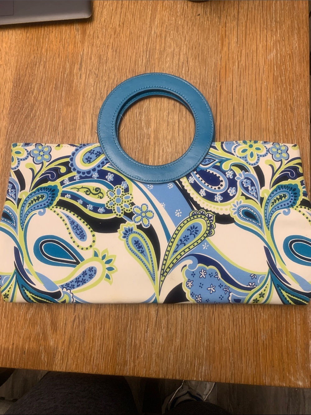 Blue Paisley Print Circle-Handle Clutch